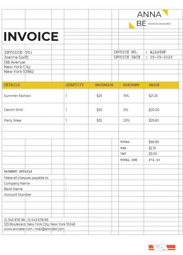 Fashion Designer Invoice Template PSD template